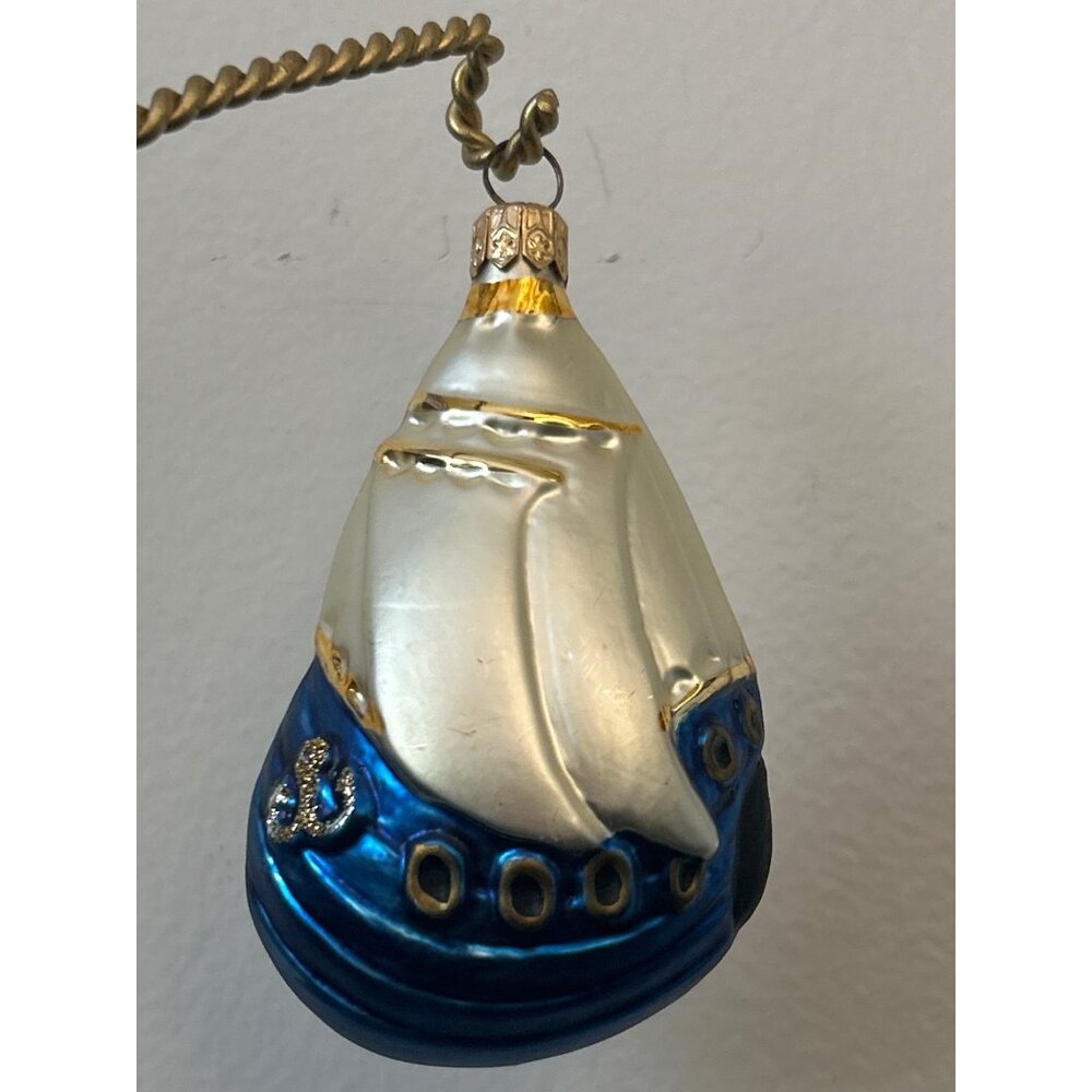 Czech Republic Blown Glass Sailboat Christmas Ornament Blue and Silver Nautical
